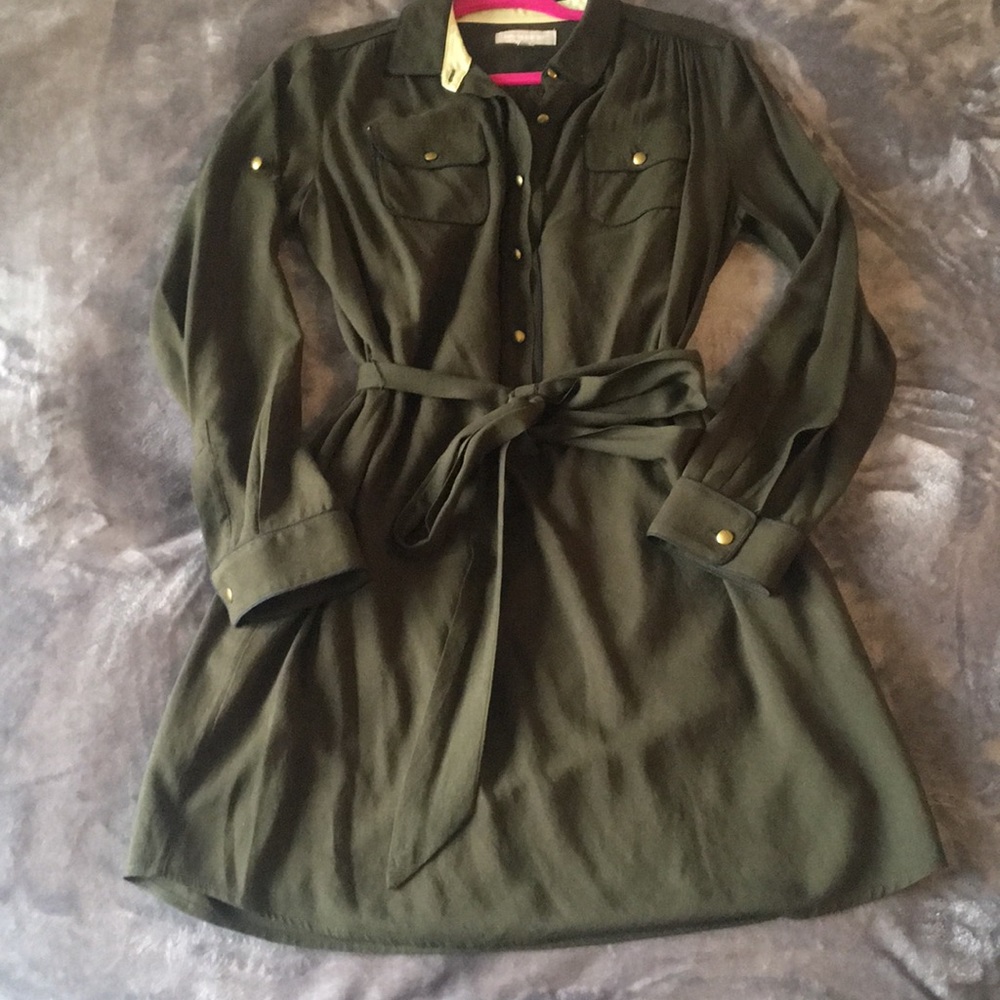 Olive green dress with navy blue & gold accents